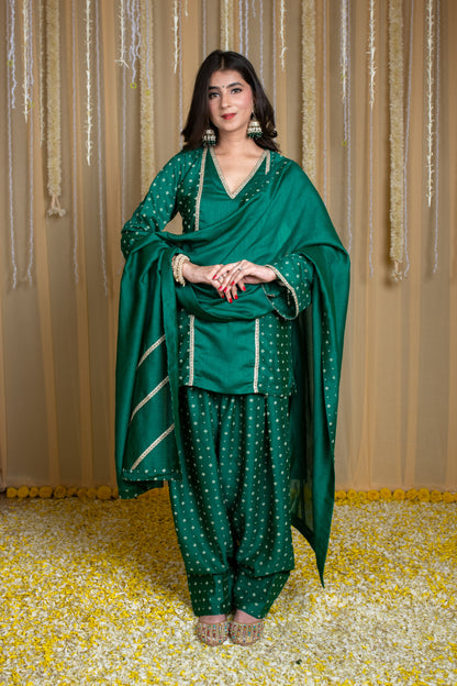 Arabian Green Short Kurta & Farshi Salwar with Rubber Foil Print