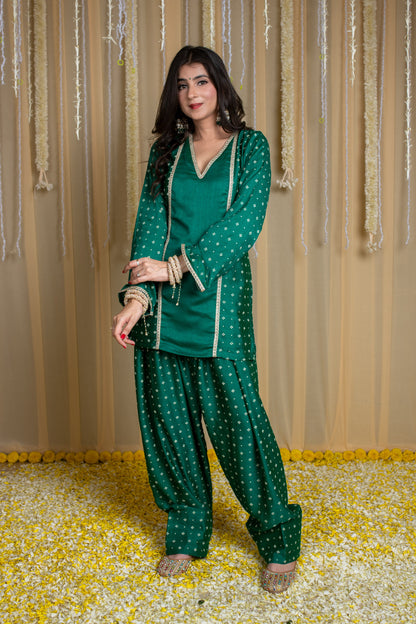 Arabian Green Short Kurta & Farshi Salwar with Rubber Foil Print