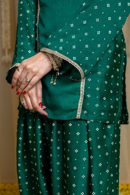 Arabian Green Short Kurta & Farshi Salwar with Rubber Foil Print