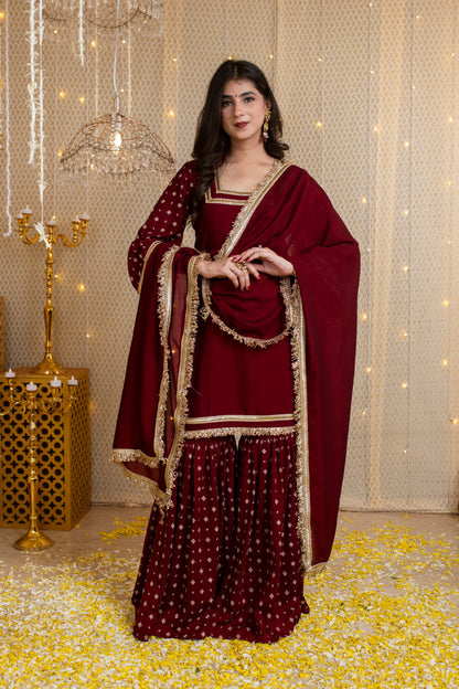Maroon Short Kurta & Sharara with Rubber Foil Work