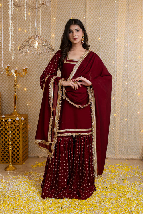 Maroon Short Kurta & Sharara with Rubber Foil Work
