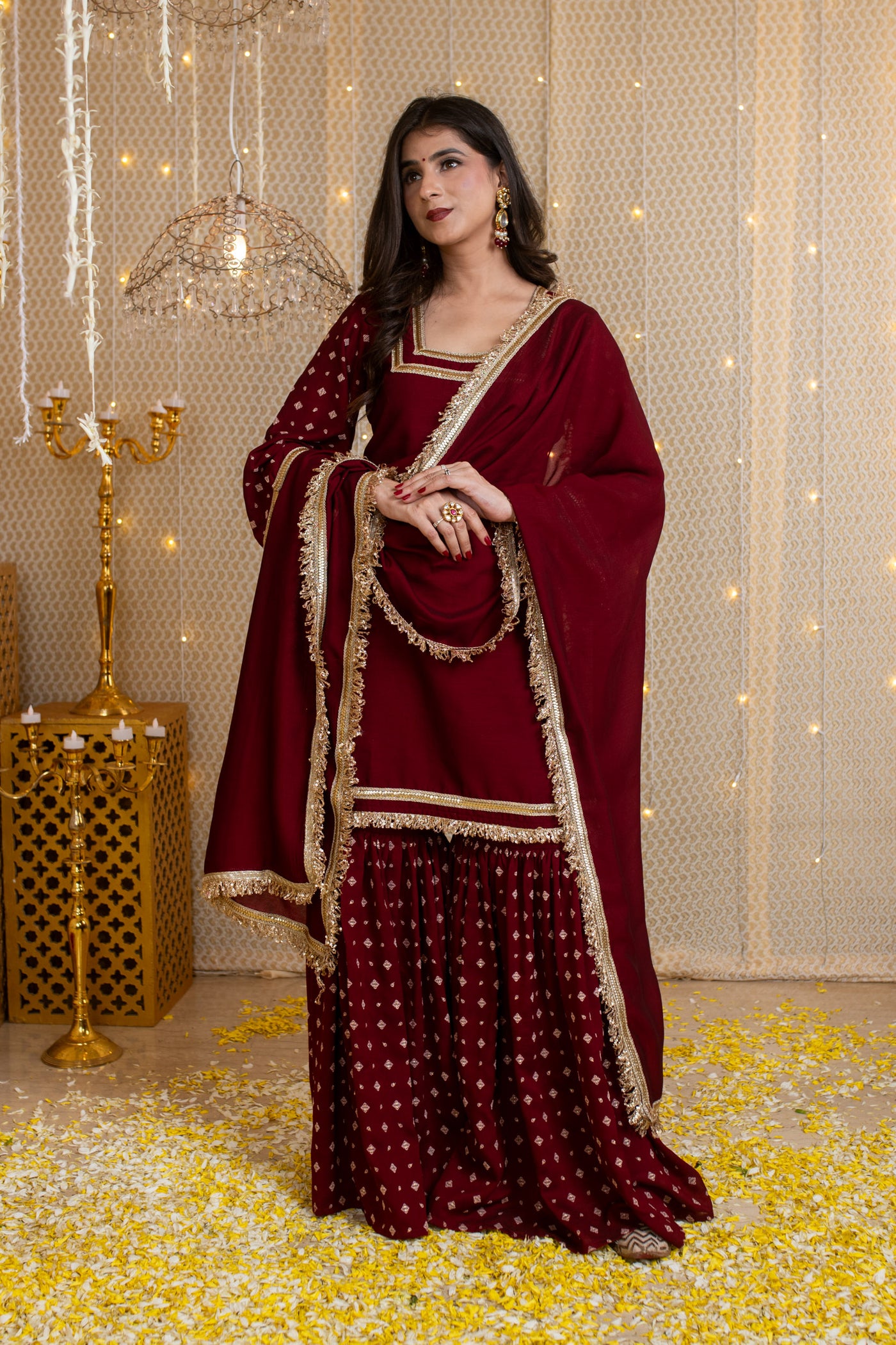 Maroon Short Kurta & Sharara with Rubber Foil Work