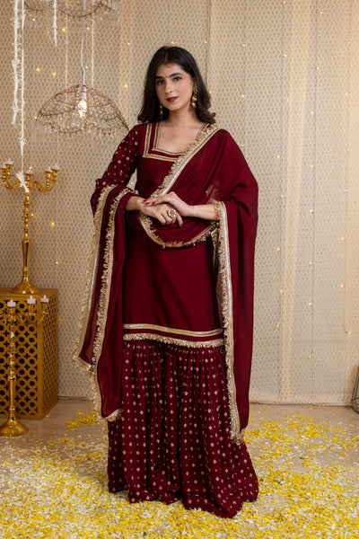 Maroon Short Kurta & Sharara with Rubber Foil Work