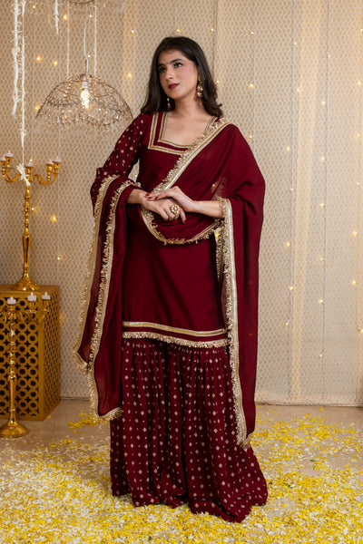 Maroon Short Kurta & Sharara with Rubber Foil Work