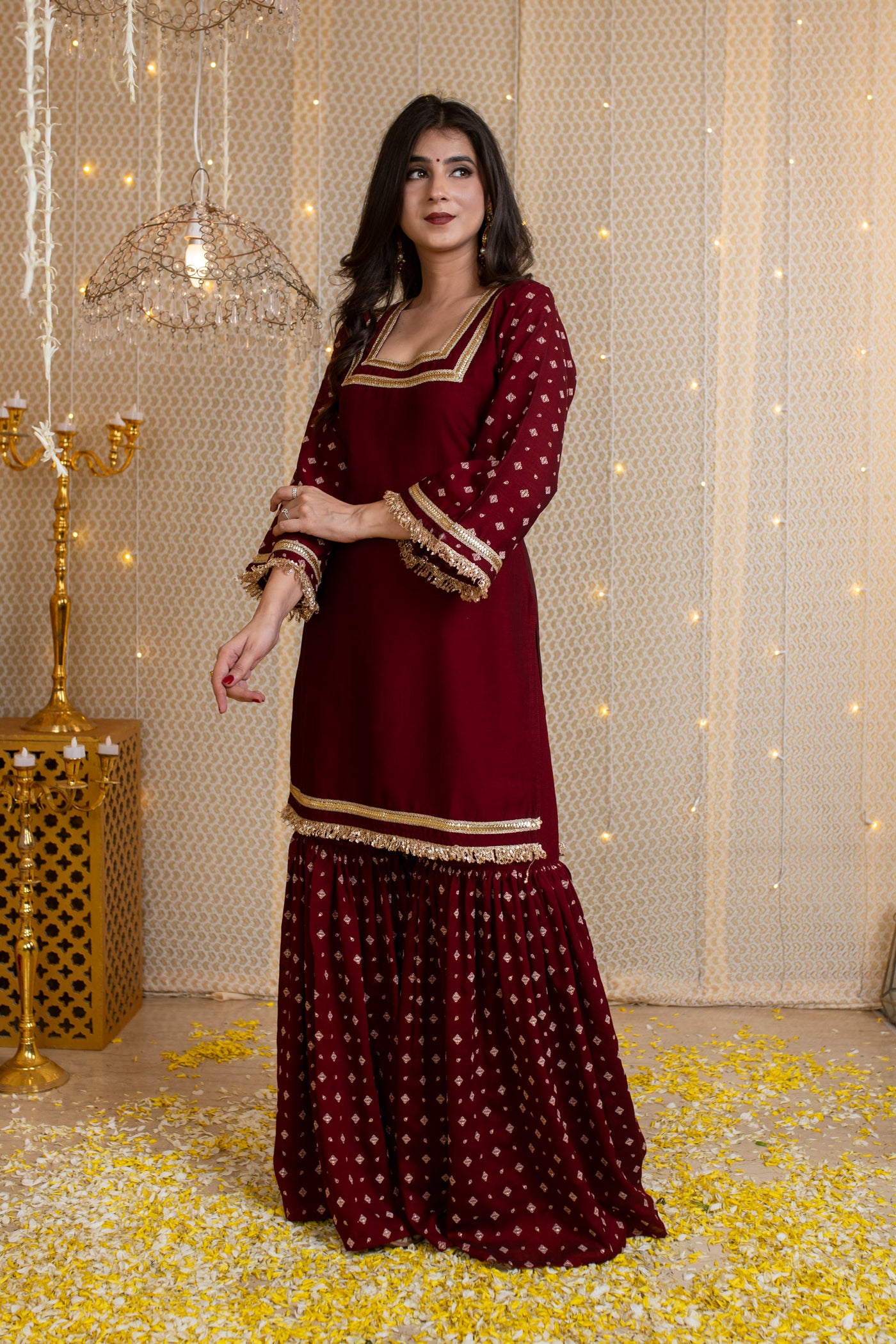 Maroon Short Kurta & Sharara with Rubber Foil Work