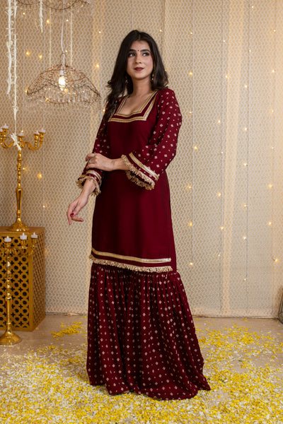 Maroon Short Kurta & Sharara with Rubber Foil Work