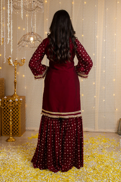Maroon Short Kurta & Sharara with Rubber Foil Work