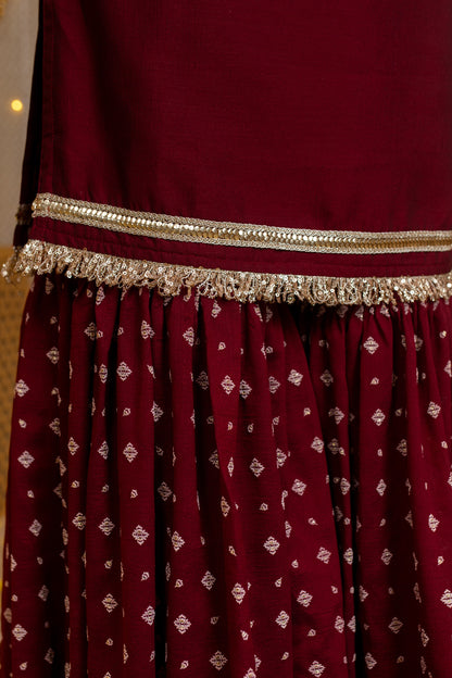 Maroon Short Kurta & Sharara with Rubber Foil Work