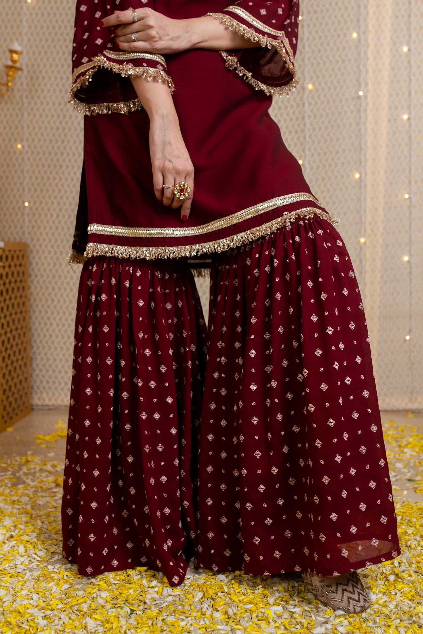 Maroon Short Kurta & Sharara with Rubber Foil Work