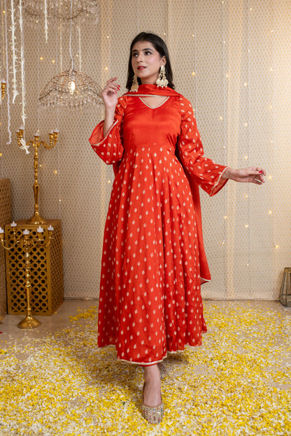Orange Anarkali Suit with Rubber Foil work