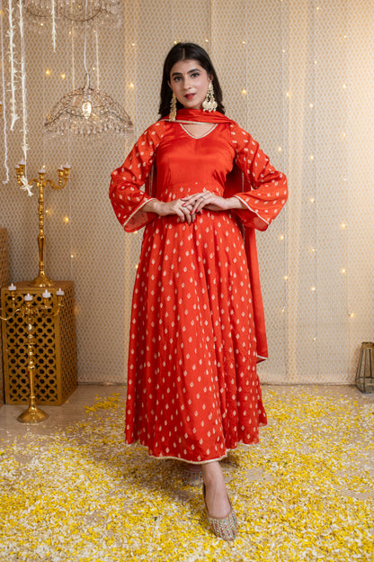 Orange Anarkali Suit with Rubber Foil work