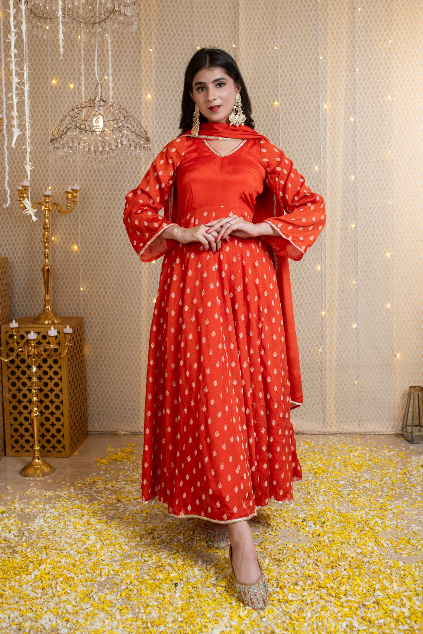 Orange Anarkali Suit with Rubber Foil work