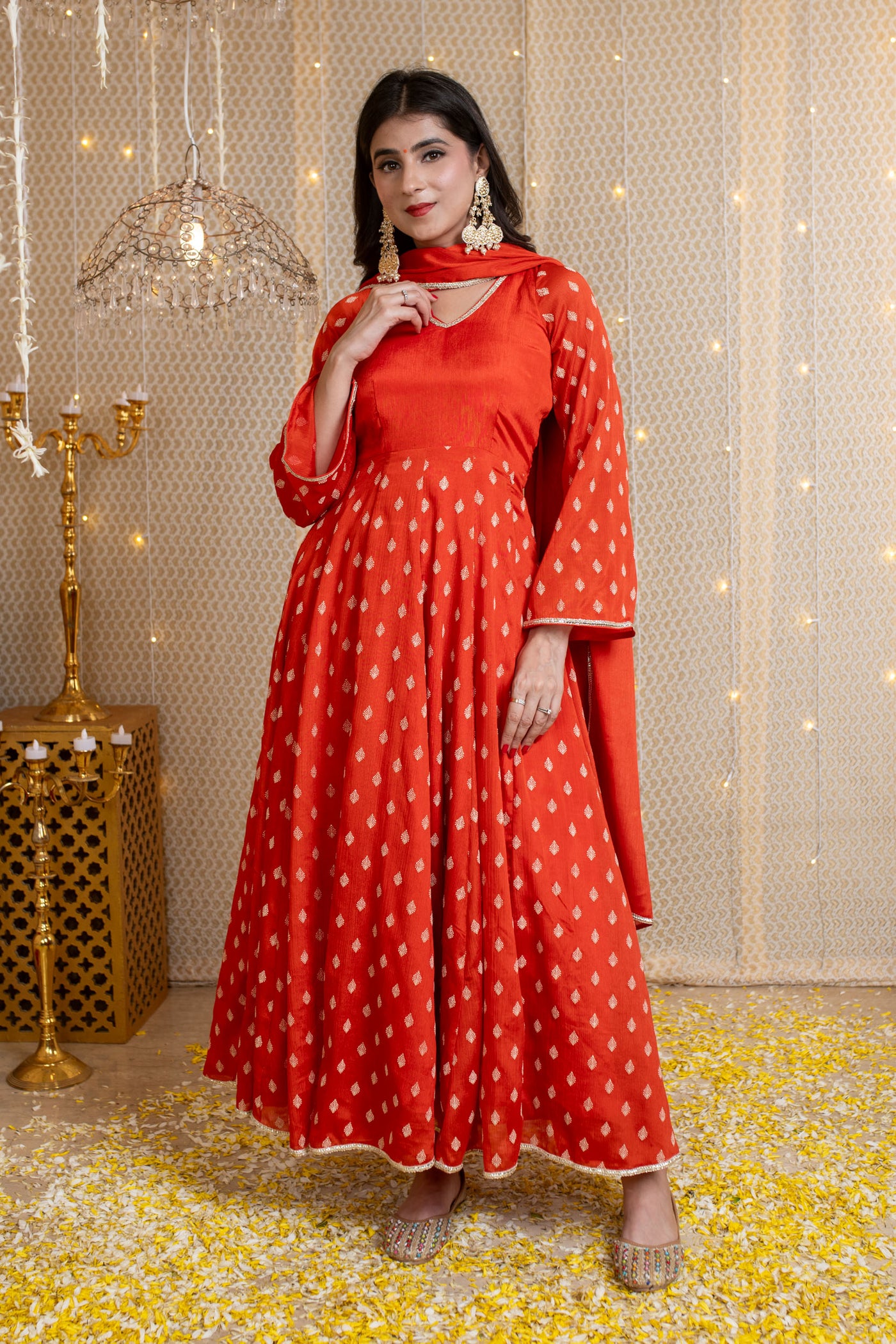 Orange Anarkali Suit with Rubber Foil work