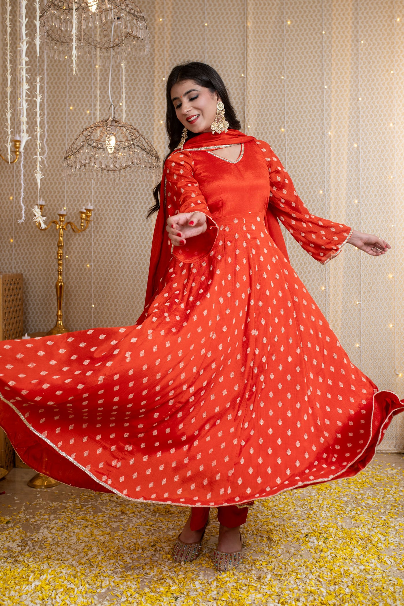 Orange Anarkali Suit with Rubber Foil work