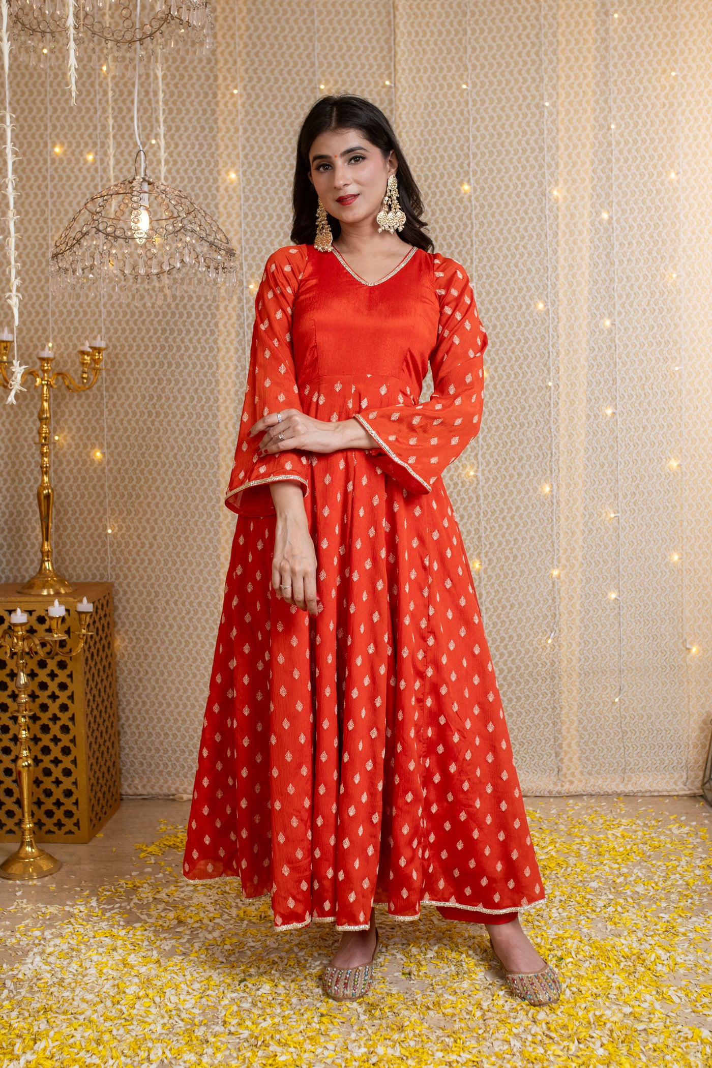 Orange Anarkali Suit with Rubber Foil work