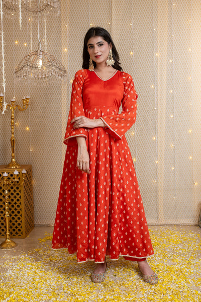 Orange Anarkali Suit with Rubber Foil work