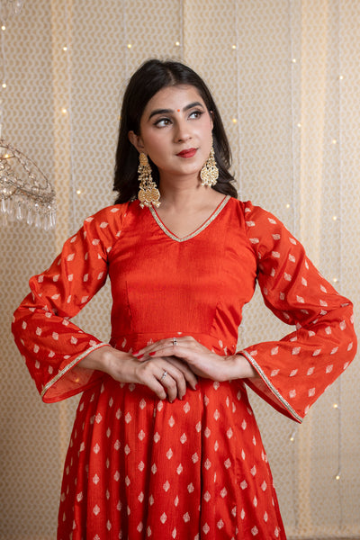 Orange Anarkali Suit with Rubber Foil work