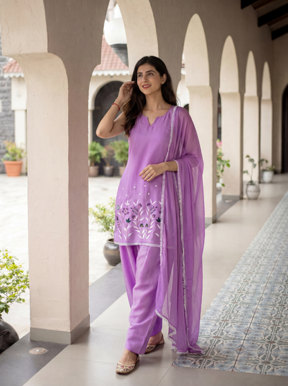 Lavender Daman Emb Kurta Set