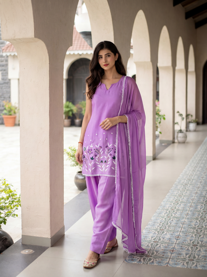 Lavender Daman Emb Kurta Set