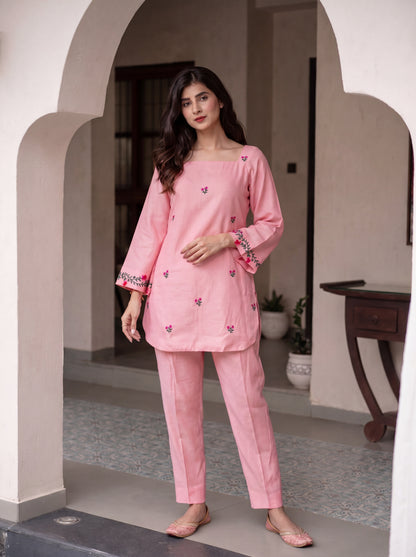 Pink Apple Cut Emb Co-Ord Set