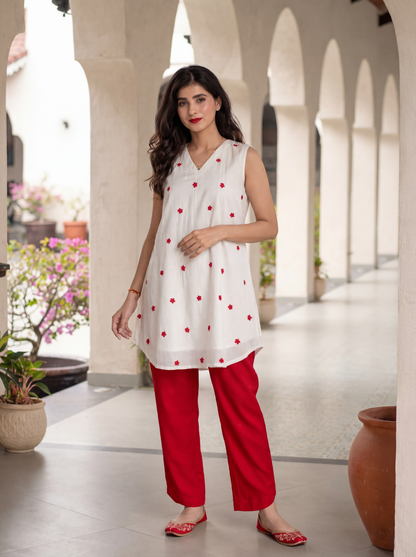 White and Red EMB Co-Ord Set