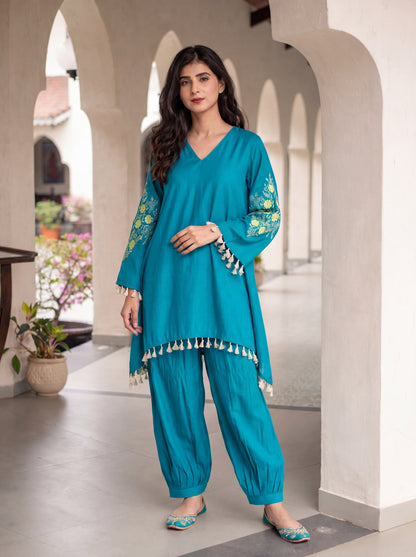 Teal Blue Emb Heavy Sleeves Co-Ord Set