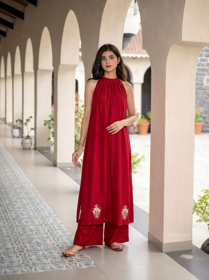 Maroon Long Kurta Palazo with Pocket