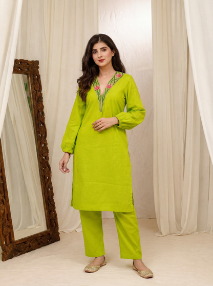 Green Emb Collar Co-Ord Set