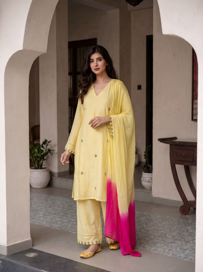 Butter Yellow and Pink kurta set
