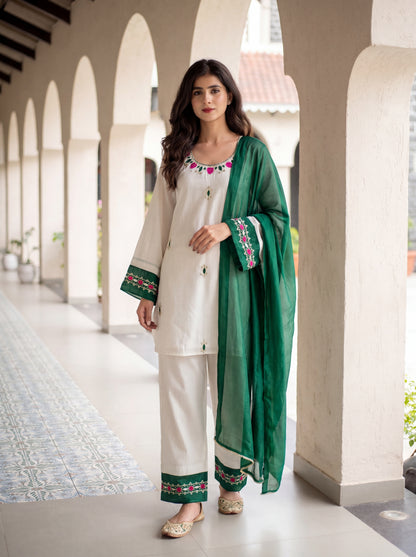White and Green Emb Kurta Set with Dupatta