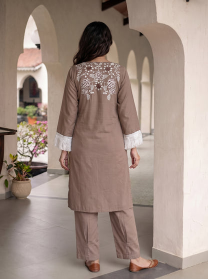 Light Brown Emb Kurta with Pocket Co-Ord Set