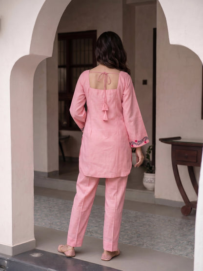 Pink Apple Cut Emb Co-Ord Set