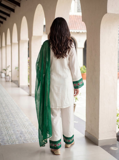 White and Green Emb Kurta Set with Dupatta