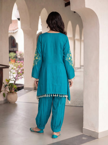Teal Blue Emb Heavy Sleeves Co-Ord Set