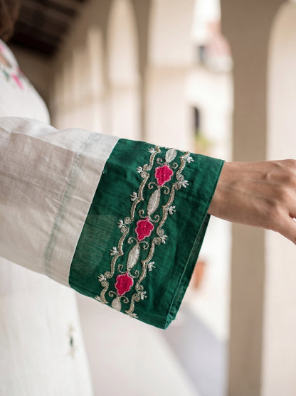 White and Green Emb Kurta Set with Dupatta
