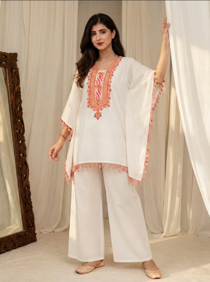 White EMB Kaftan Set
