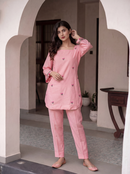 Pink Apple Cut Emb Co-Ord Set
