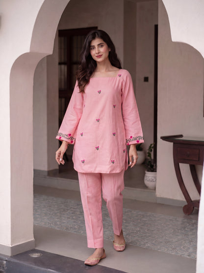 Pink Apple Cut Emb Co-Ord Set