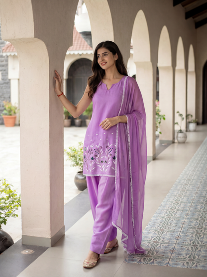 Lavender Daman Emb Kurta Set