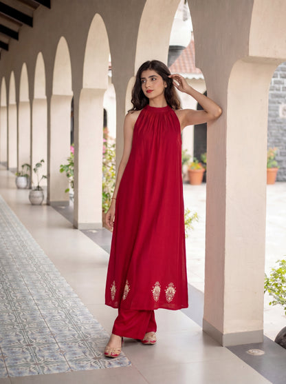 Maroon Long Kurta Palazo with Pocket