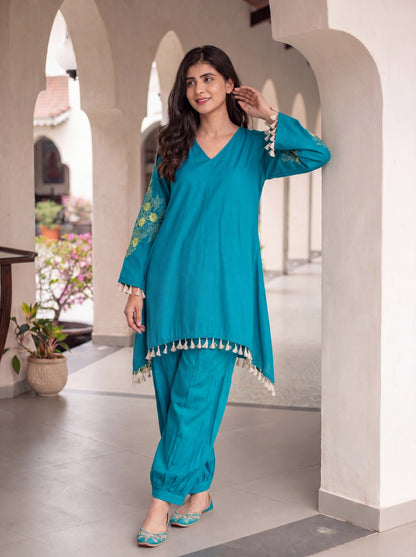 Teal Blue Emb Heavy Sleeves Co-Ord Set