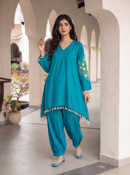 Teal Blue Emb Heavy Sleeves Co-Ord Set