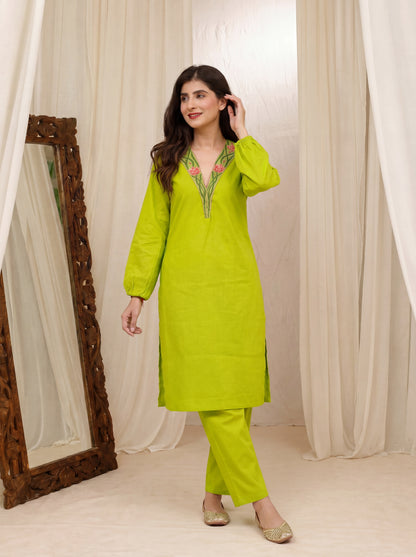 Green Emb Collar Co-Ord Set