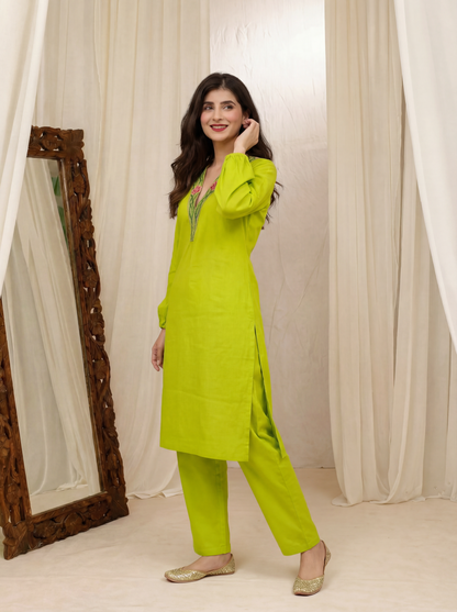 Green Emb Collar Co-Ord Set