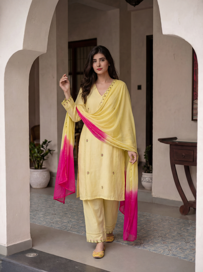 Butter Yellow and Pink kurta set