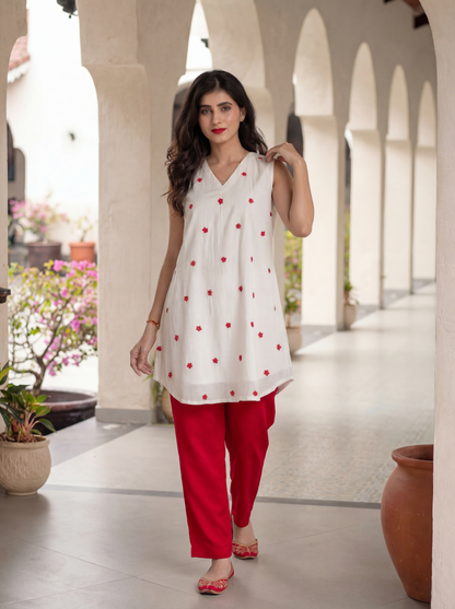 White and Red EMB Co-Ord Set