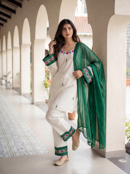 White and Green Emb Kurta Set with Dupatta