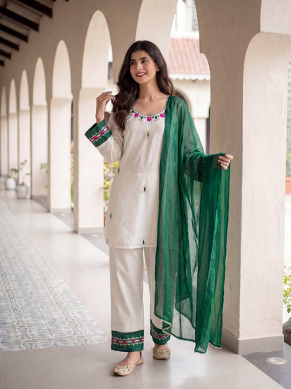 White and Green Emb Kurta Set with Dupatta