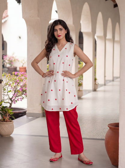 White and Red EMB Co-Ord Set