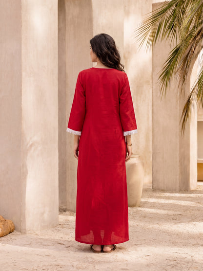 Red Long Slit Embroidered Dress